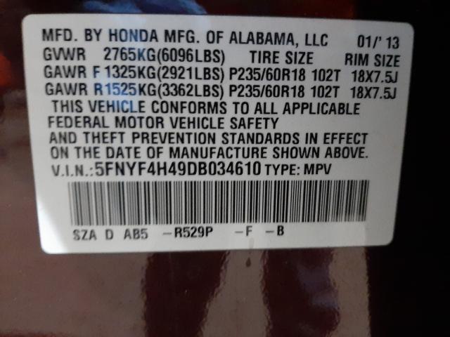 2013 HONDA PILOT EX 5FNYF4H49DB034610