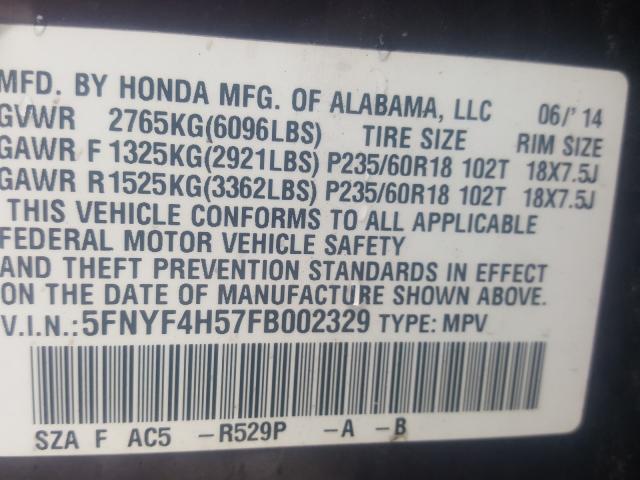 2015 HONDA PILOT EXL 5FNYF4H57FB002329
