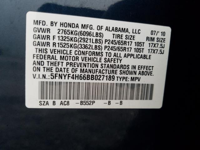 2011 HONDA PILOT EXL 5FNYF4H66BB027189