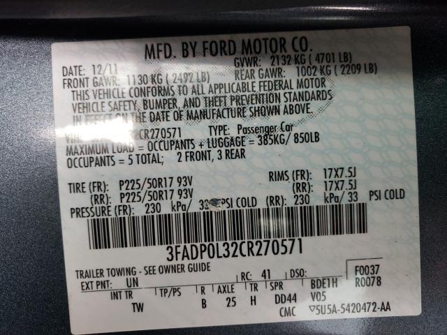 2012 FORD FUSION HYB 3FADP0L32CR270571