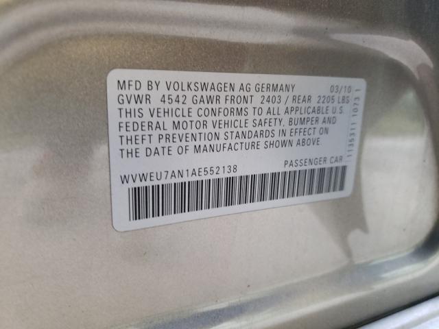 2010 VOLKSWAGEN CC VR6 WVWEU7AN1AE552138