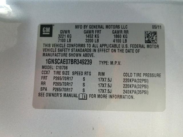 2011 CHEVROLET TAHOE 1GNSCAE07BR349239