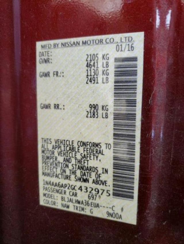 2016 NISSAN MAXIMA 3.5 1N4AA6AP2GC432975