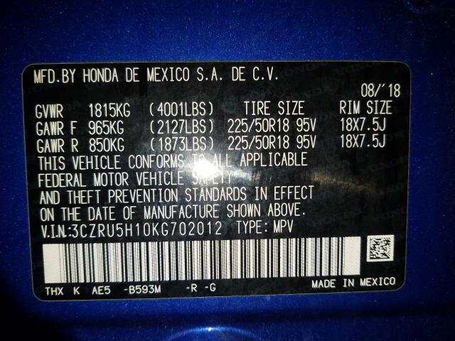 2019 HONDA HR-V SPORT 3CZRU5H10KG702012