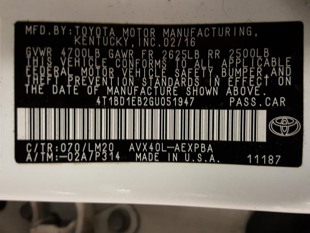 2016 TOYOTA AVALON HYB 4T1BD1EB2GU051947