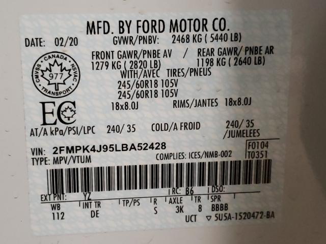 VIN 2FMPK4J95LBA52428 2020 FORD EDGE no.10