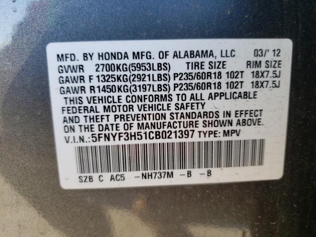 2012 HONDA PILOT EXL 5FNYF3H51CB021397