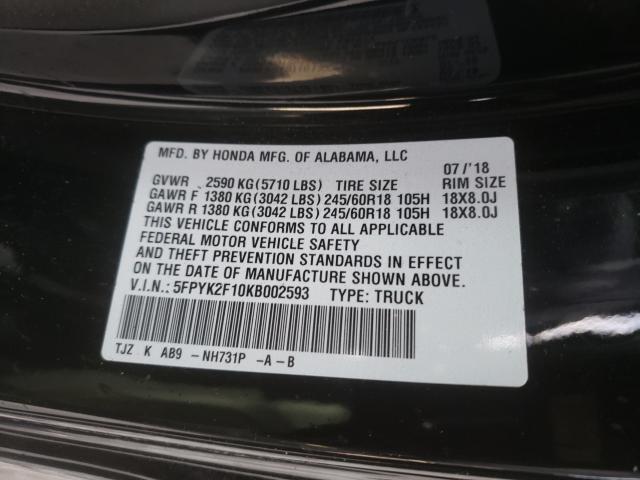 2019 HONDA RIDGELINE 5FPYK2F10KB002593