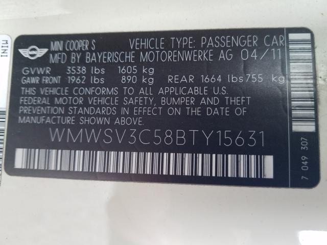 2011 MINI COOPER S WMWSV3C58BTY15631