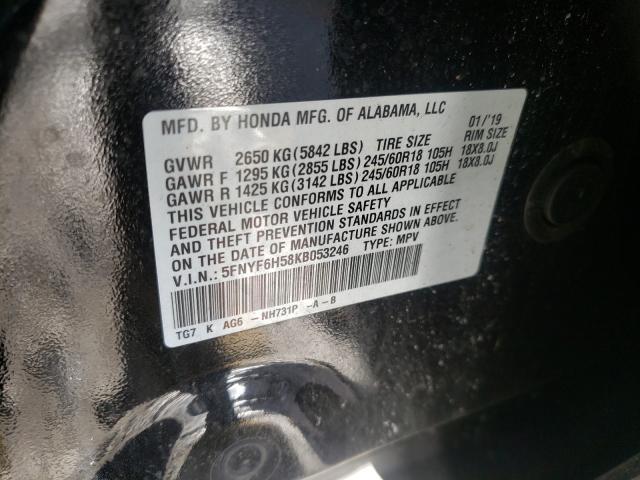 2019 HONDA PILOT EXL 5FNYF6H58KB053246