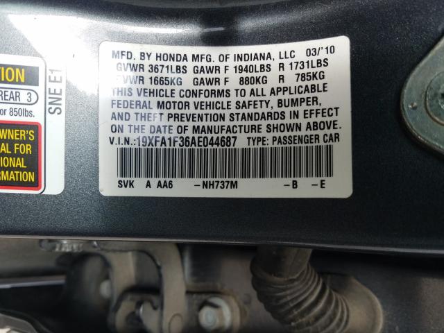2010 HONDA CIVIC VP 19XFA1F36AE044687