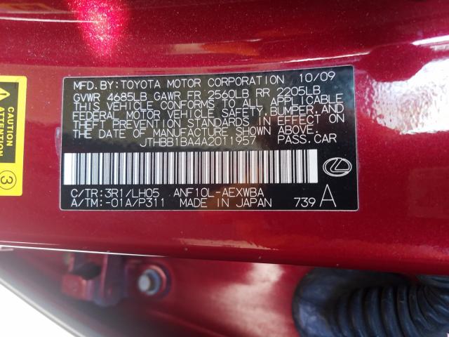 2010 LEXUS HS 250H JTHBB1BA4A2011957