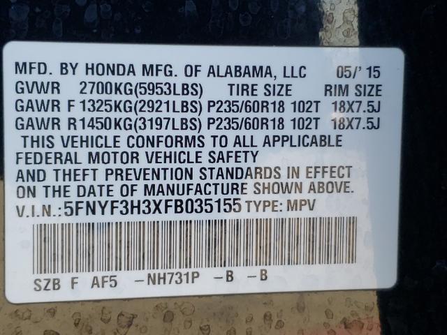 2015 HONDA PILOT SE 5FNYF3H3XFB035155