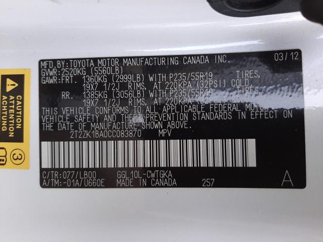 2012 LEXUS RX 350 2T2ZK1BA0CC083870