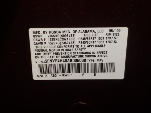 2010 HONDA PILOT EX 5FNYF4H40AB006030