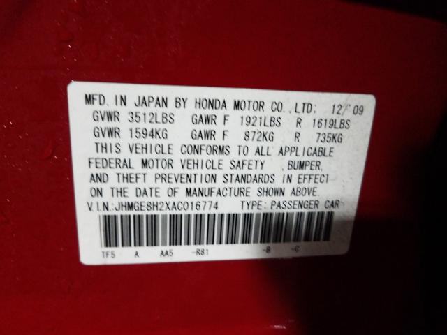 2010 HONDA FIT JHMGE8H2XAC016774