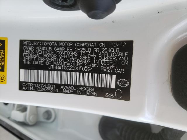 2013 LEXUS ES 300H JTHBW1GG2D2010294