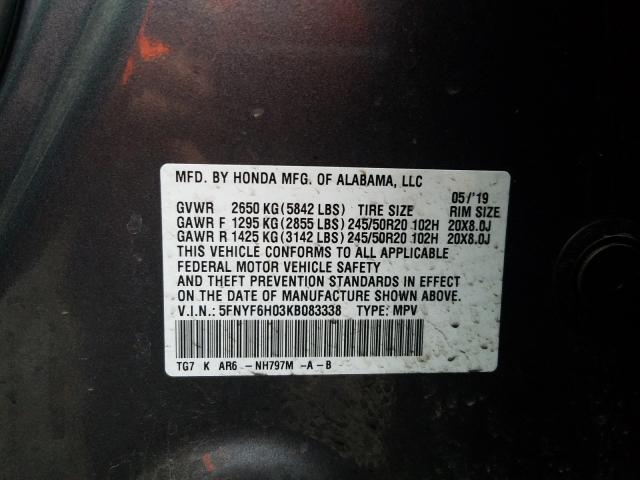 2019 HONDA PILOT ELIT 5FNYF6H03KB083338