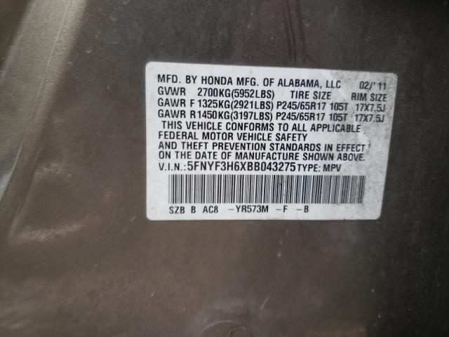 2011 HONDA PILOT EXL 5FNYF3H6XBB043275