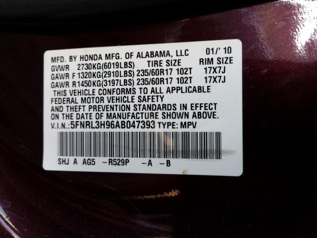 2010 HONDA ODYSSEY TO 5FNRL3H96AB047393