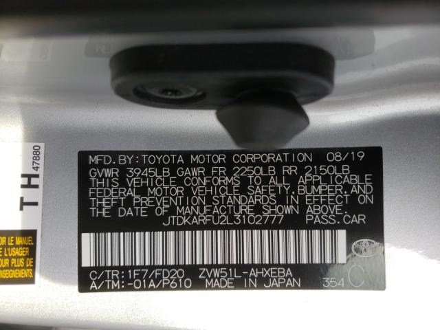 2020 TOYOTA PRIUS L JTDKARFU2L3102777