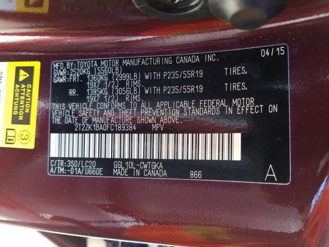 2015 LEXUS RX 350 2T2ZK1BA0FC189384