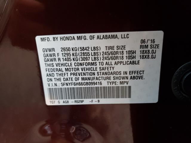 2016 HONDA PILOT EXL 5FNYF6H66GB099416