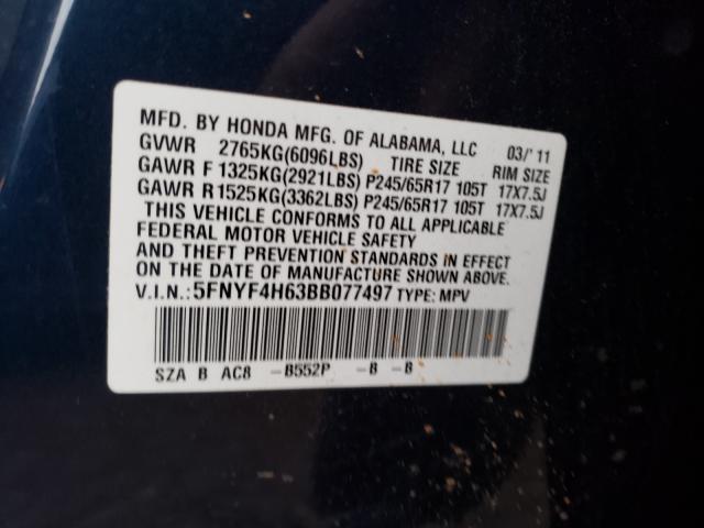 2011 HONDA PILOT EXL 5FNYF4H63BB077497