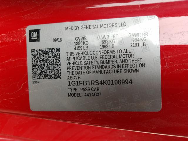 2019 CHEVROLET CAMARO LS 1G1FB1RS4K0106994