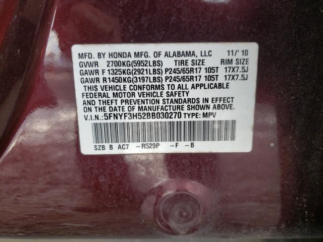 2011 HONDA PILOT EXL 5FNYF3H52BB030270