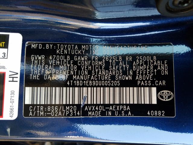 2013 TOYOTA AVALON HYB 4T1BD1EB9DU005205