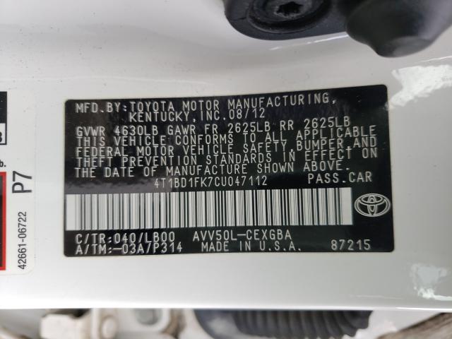 2012 TOYOTA CAMRY HYBR 4T1BD1FK7CU047112