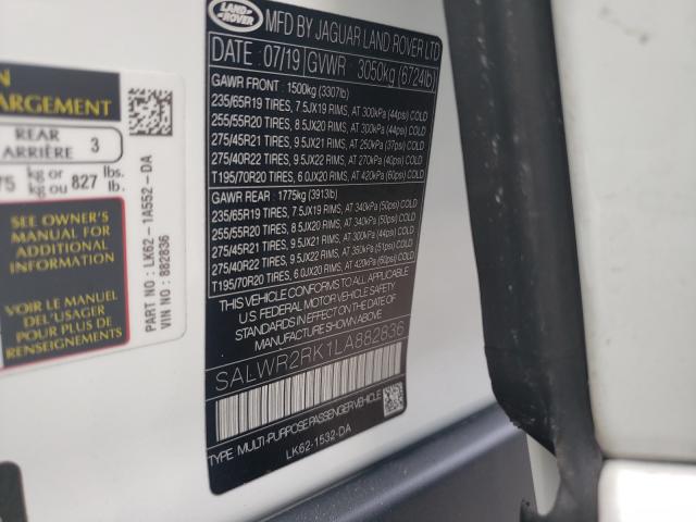 2020 LAND ROVER RANGE ROVE SALWR2RK1LA882836