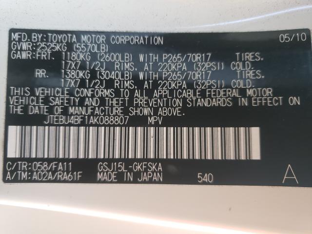 2010 TOYOTA FJ CRUISER JTEBU4BF1AK088807