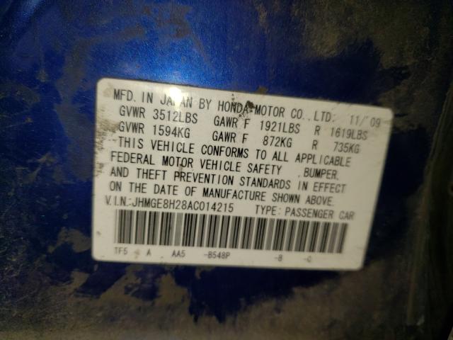 2010 HONDA FIT JHMGE8H28AC014215