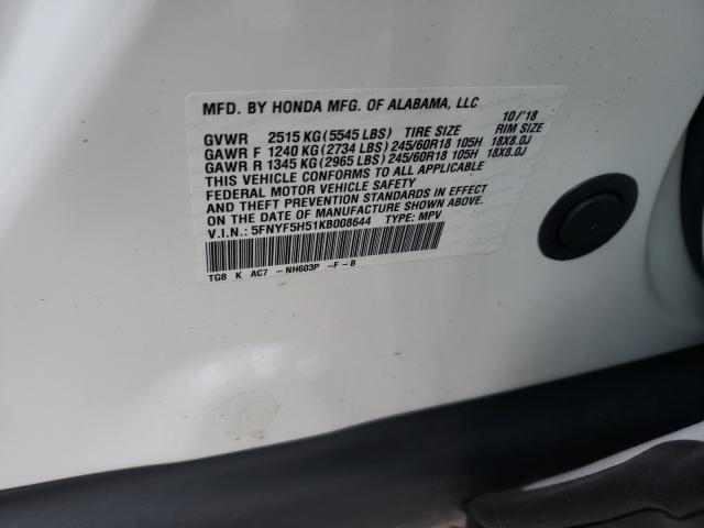 2019 HONDA PILOT EXL 5FNYF5H51KB008644