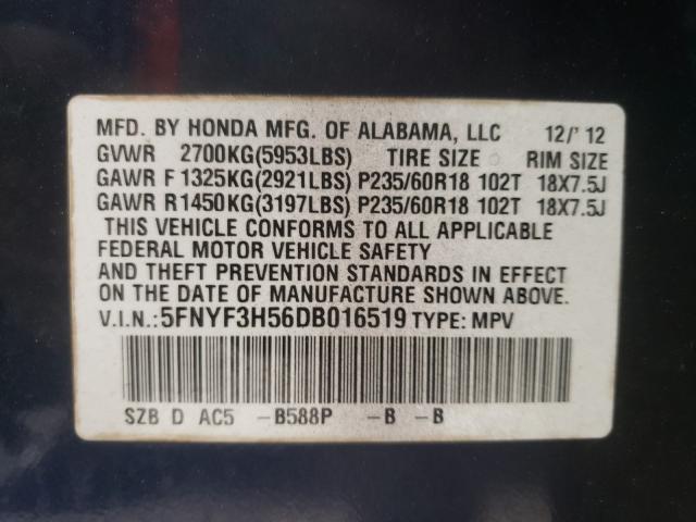 2013 HONDA PILOT EXL 5FNYF3H56DB016519