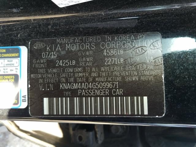2016 KIA OPTIMA HYB KNAGM4AD4G5099671