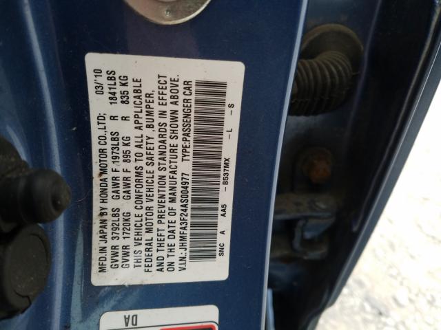 2010 HONDA CIVIC HYBR JHMFA3F24AS004977