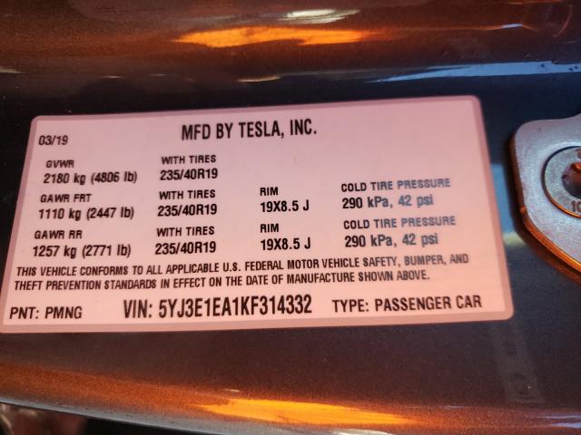 2019 TESLA MODEL 3 5YJ3E1EA1KF314332