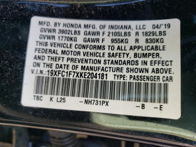 2019 HONDA CIVIC EXL 19XFC1F7XKE204181