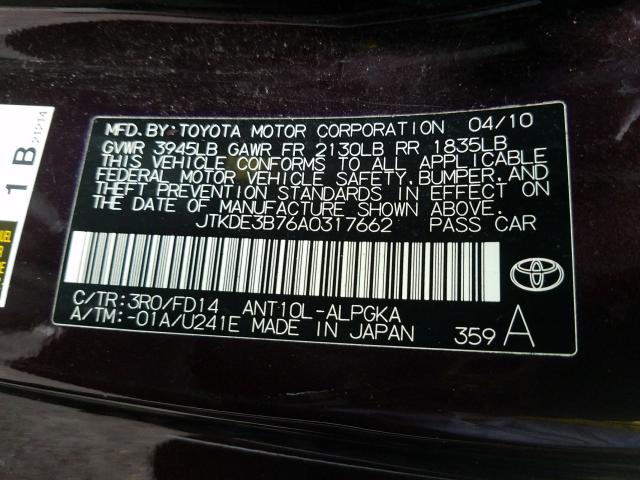 2010 TOYOTA SCION JTKDE3B76A0317662