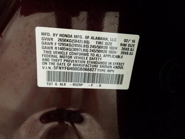 2016 HONDA PILOT ELIT 5FNYF6H00GB066827