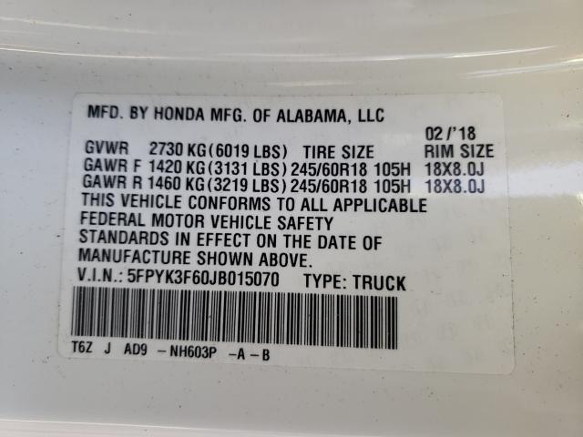 2018 HONDA RIDGELINE 5FPYK3F60JB015070
