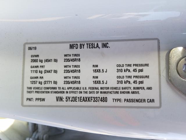 2019 TESLA MODEL 3 5YJ3E1EAXKF337480