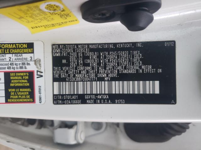 2012 TOYOTA VENZA LE 4T3ZK3BB7CU047771