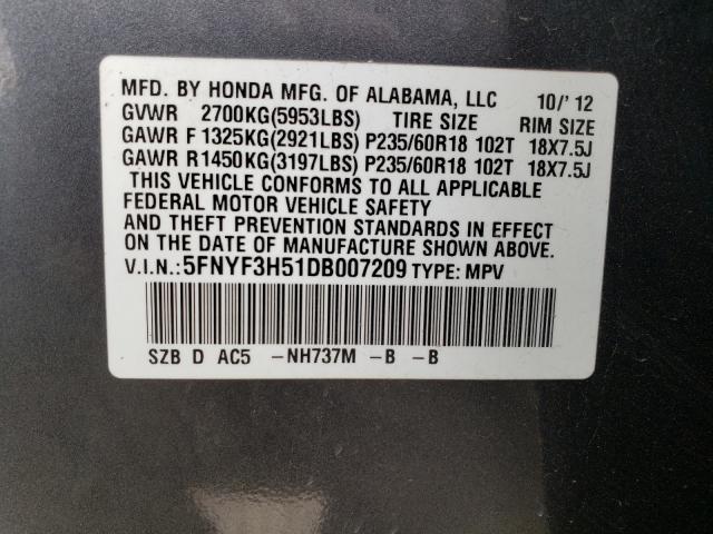 2013 HONDA PILOT EXL 5FNYF3H51DB007209