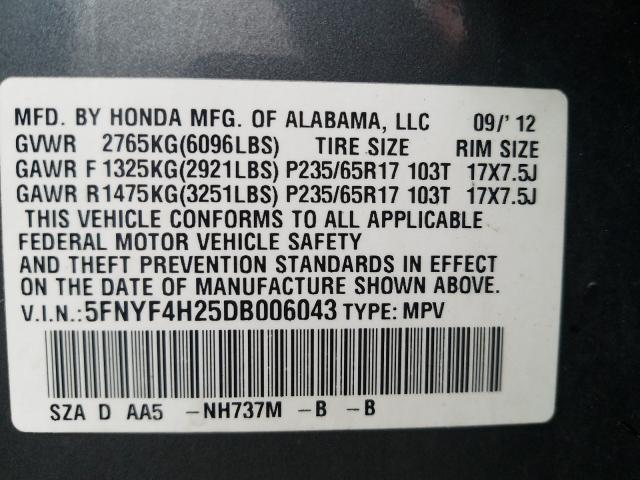 2013 HONDA PILOT LX 5FNYF4H25DB006043