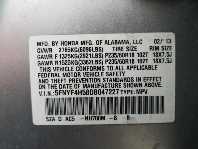 2013 HONDA PILOT EXL 5FNYF4H58DB047227