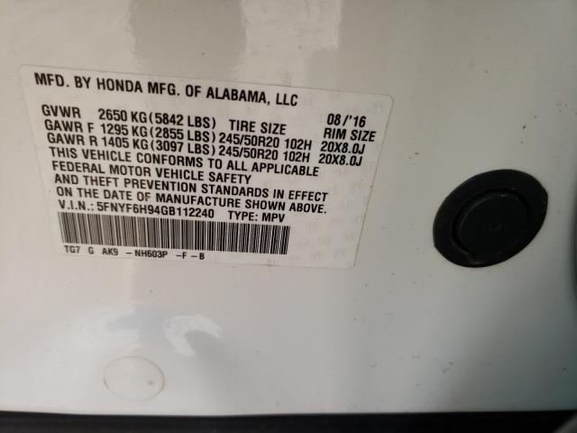 2016 HONDA PILOT TOUR 5FNYF6H94GB112240